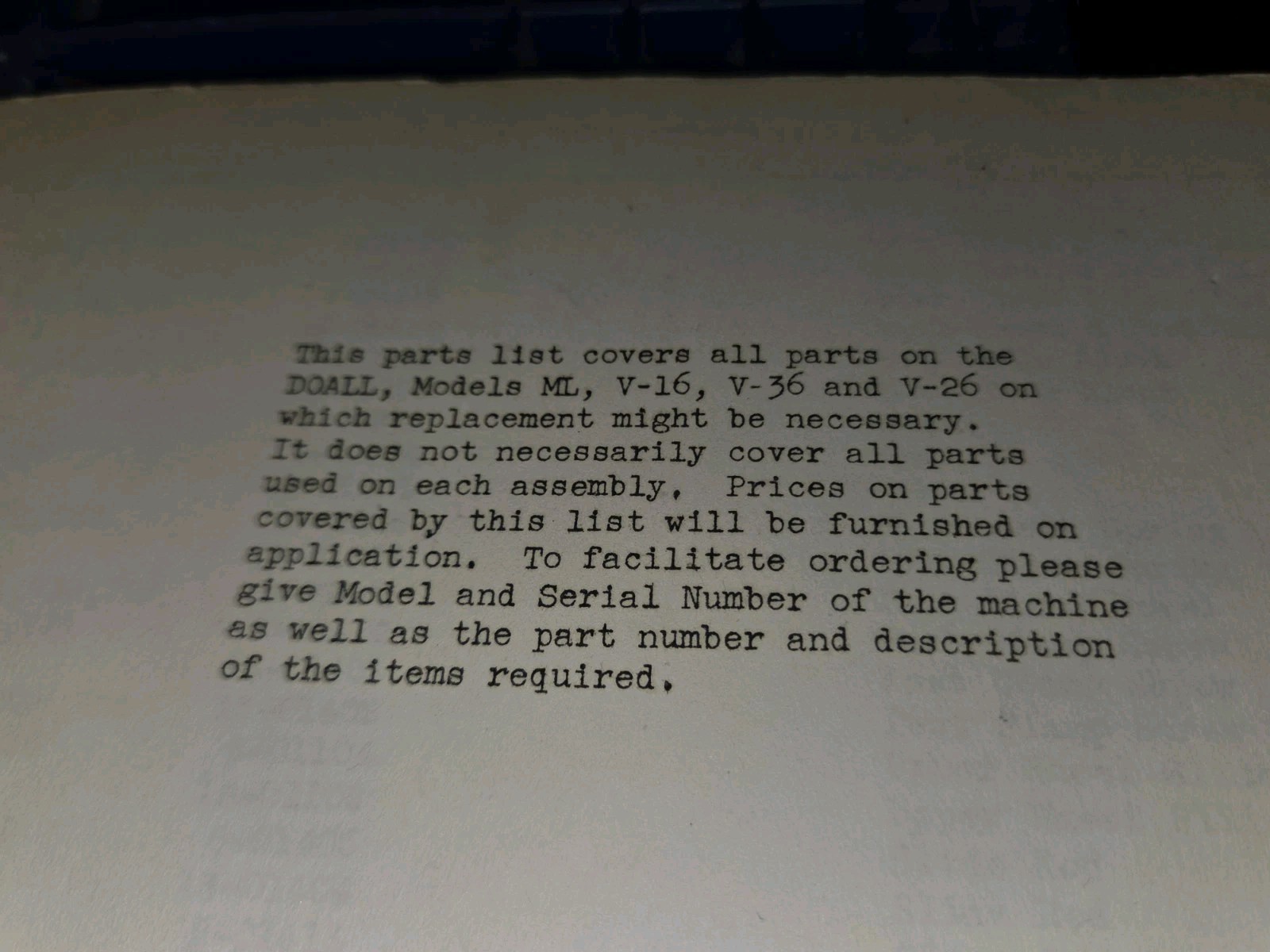 DoALL Model V-16/26/36 Contour Saw-Filing Machine Attachments Parts List Manual