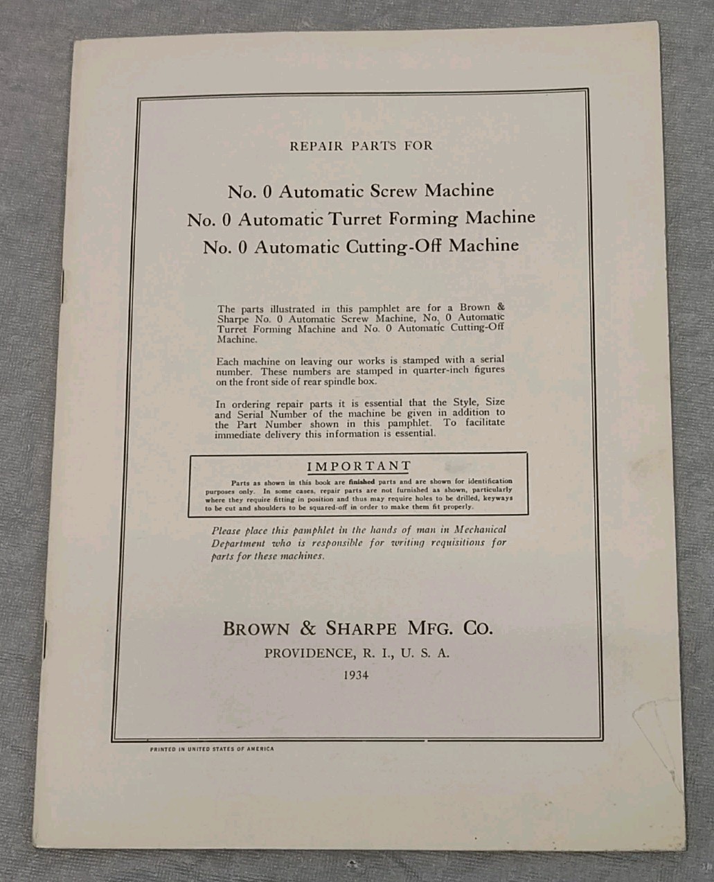 Brown & Sharpe No. 0 Automatic Screw Turret Forming-Cutting Machine Parts List
