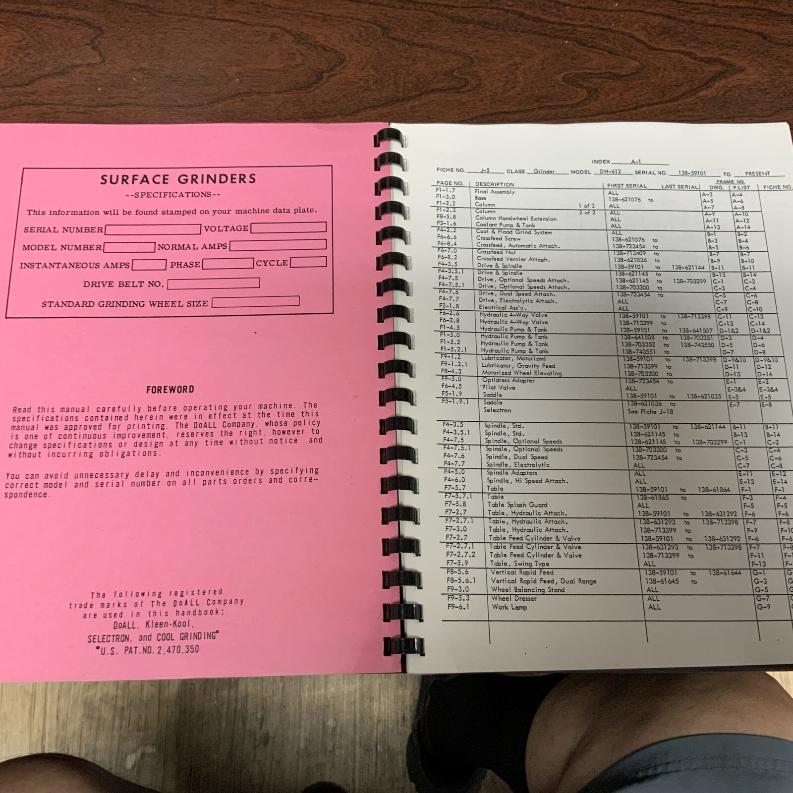 DoAll Surface Grinder Model DH-612 Parts Manual