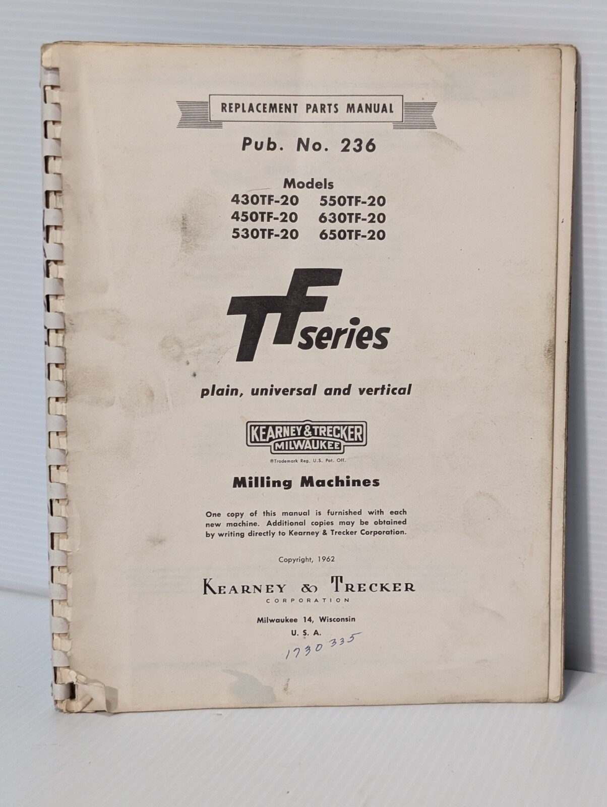 Keaney & Trecker Milwaukee 430TF-20 – 650TF-20 Milling Machines Parts Manual