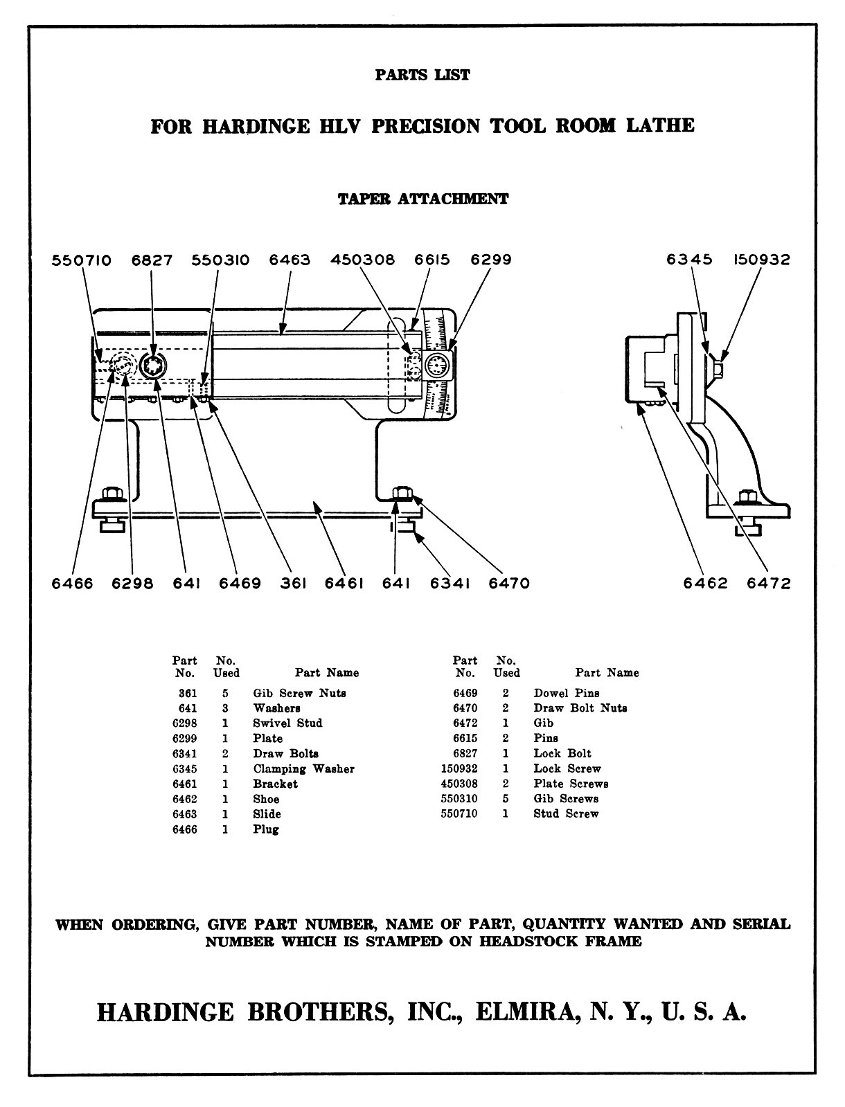 HARDINGE HLV-BK High Speed Tool Room Lathe Parts Manual 1187