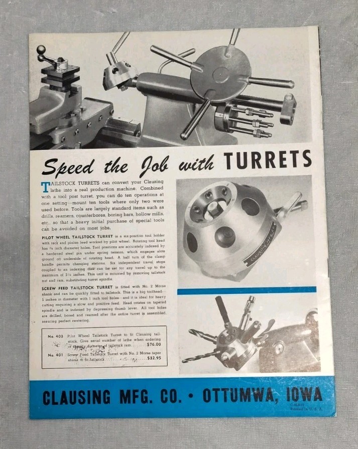 Clausing Bench Lathe Machine & Turret Accessories Catalog Brochure Vtg Iowa
