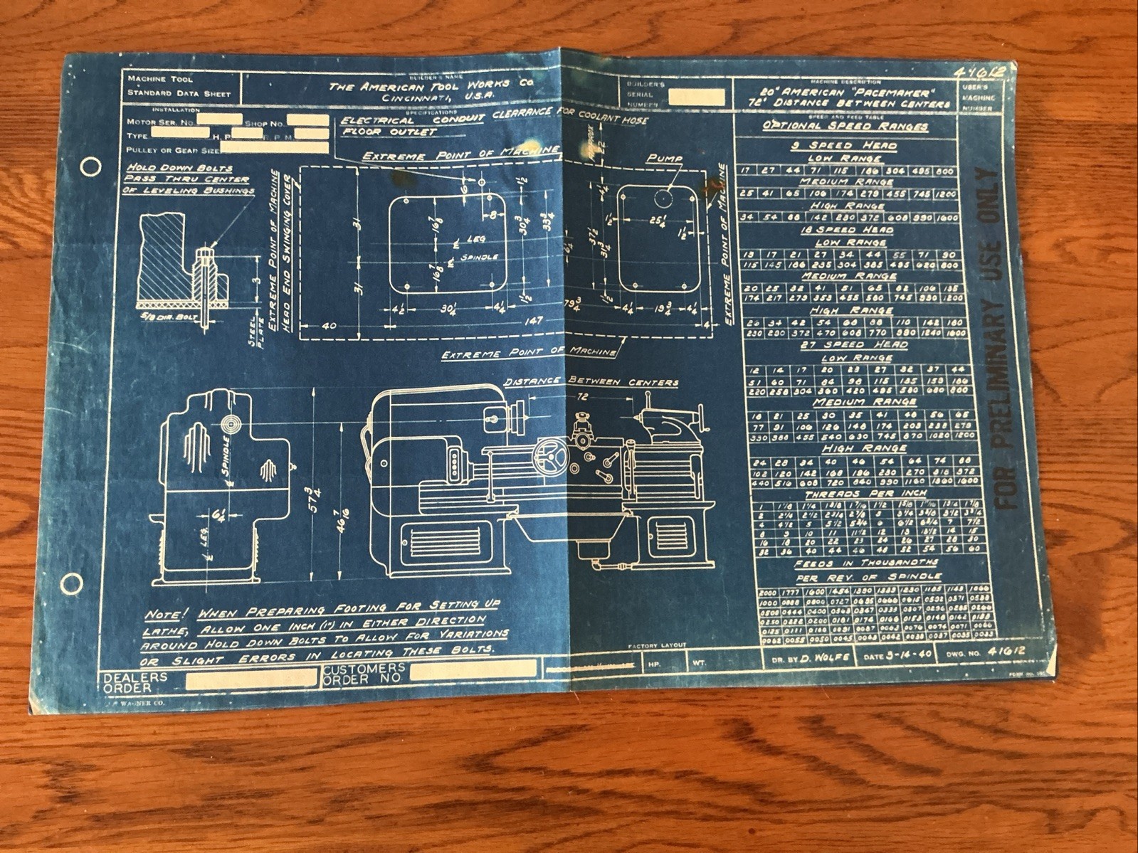 1940 American Pacemaker Lathe Blueprint Data Sheet 20″ Machine Tool Works 17×11