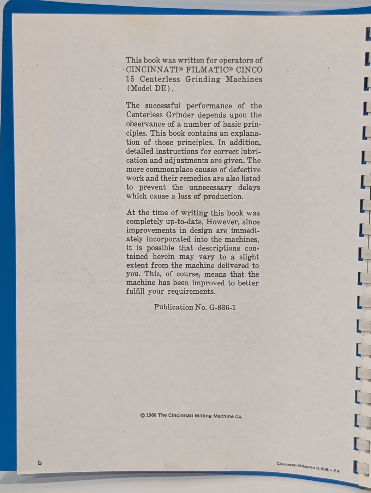 Cincinnati Milacron G-836-1 Cinco 15 Grinding Machine Operating Manual