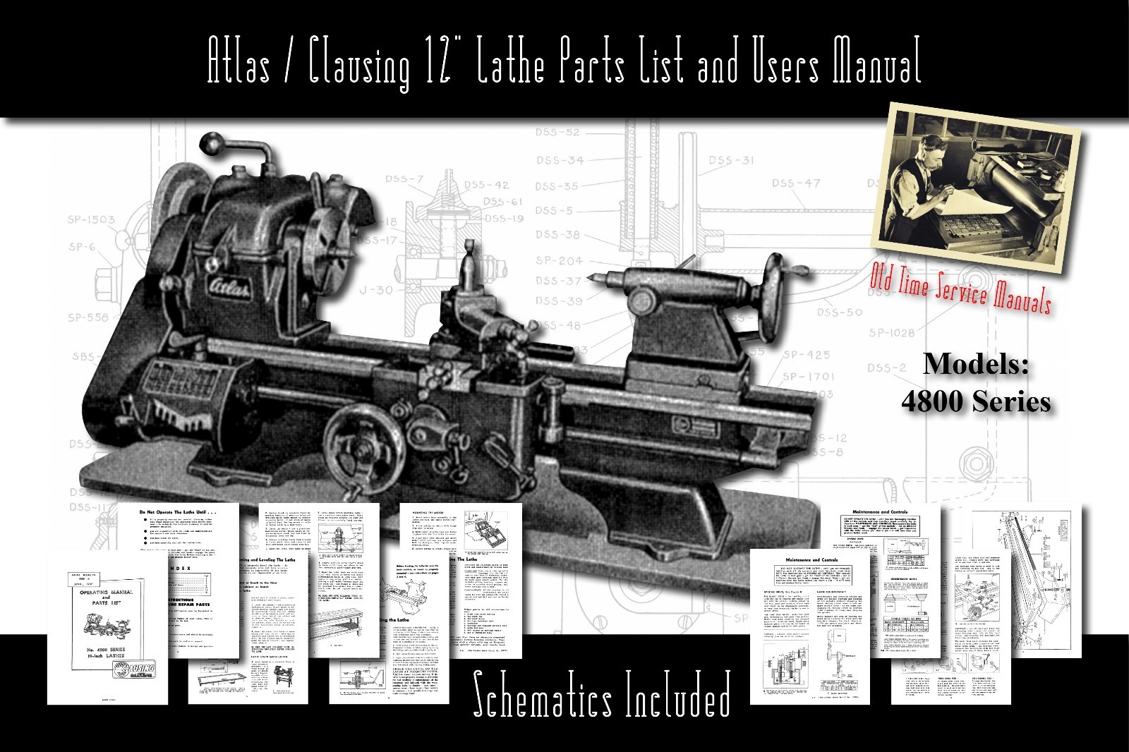 Atlas/Clausing 12″ Lathe 4800 Series Parts List and User Manual Schematics etc.