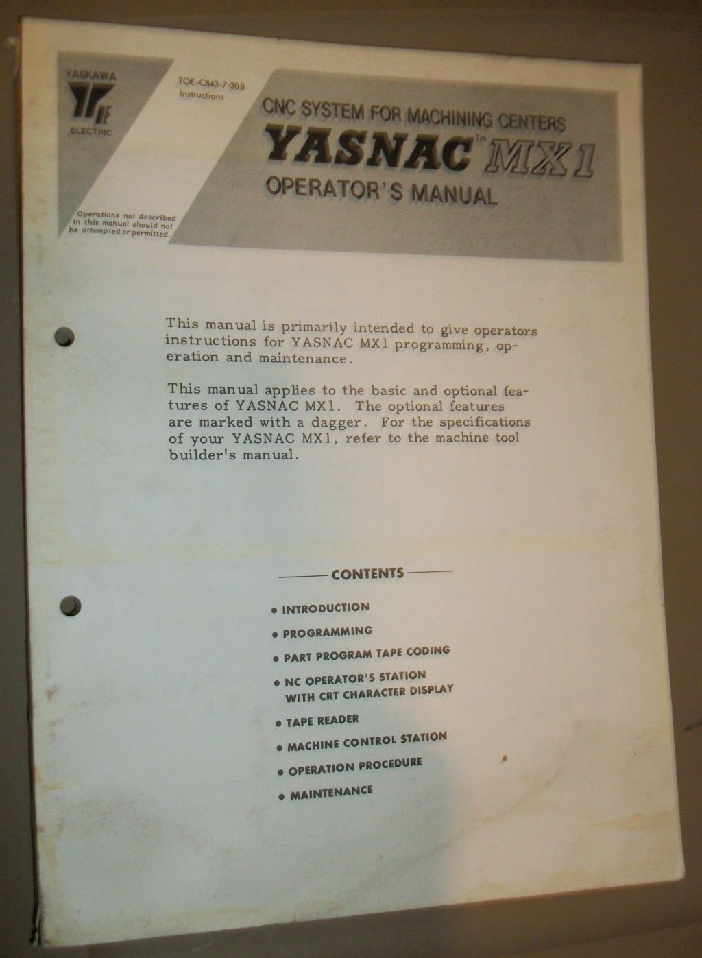 YASKAWA YASNAC MX1 CNC OPERATOR MANUAL TOE-C843-7.30 B