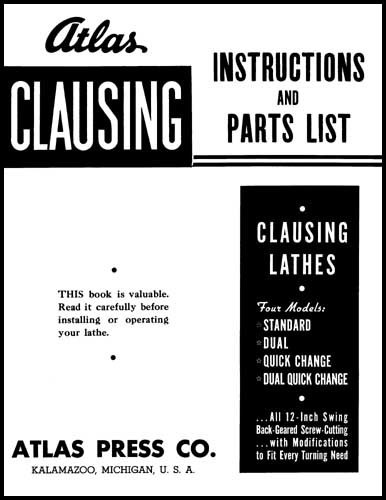 Atlas Clausing 12 Inch Lathes Parts & Ops. Manual
