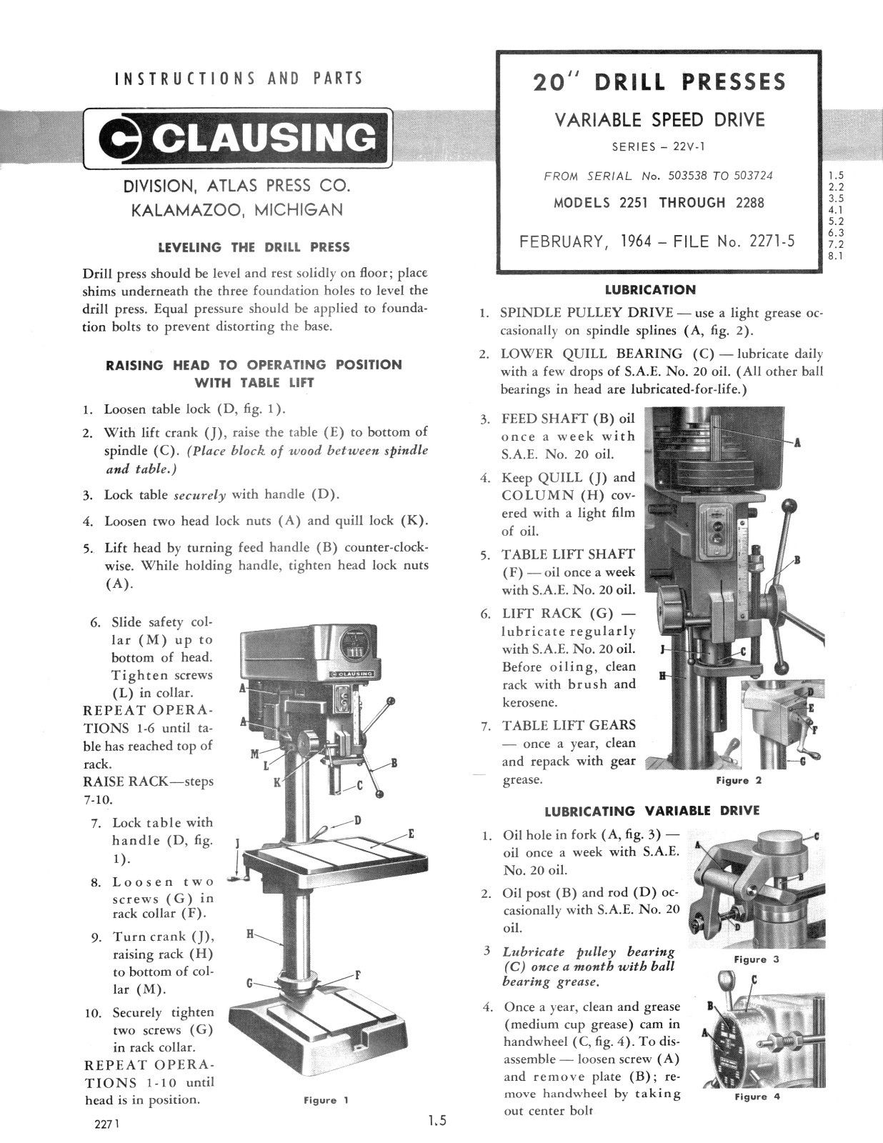 Clausing 20″ Drill Press sn:503538-503724 Vari Speed Instruct, Parts Manual 1228
