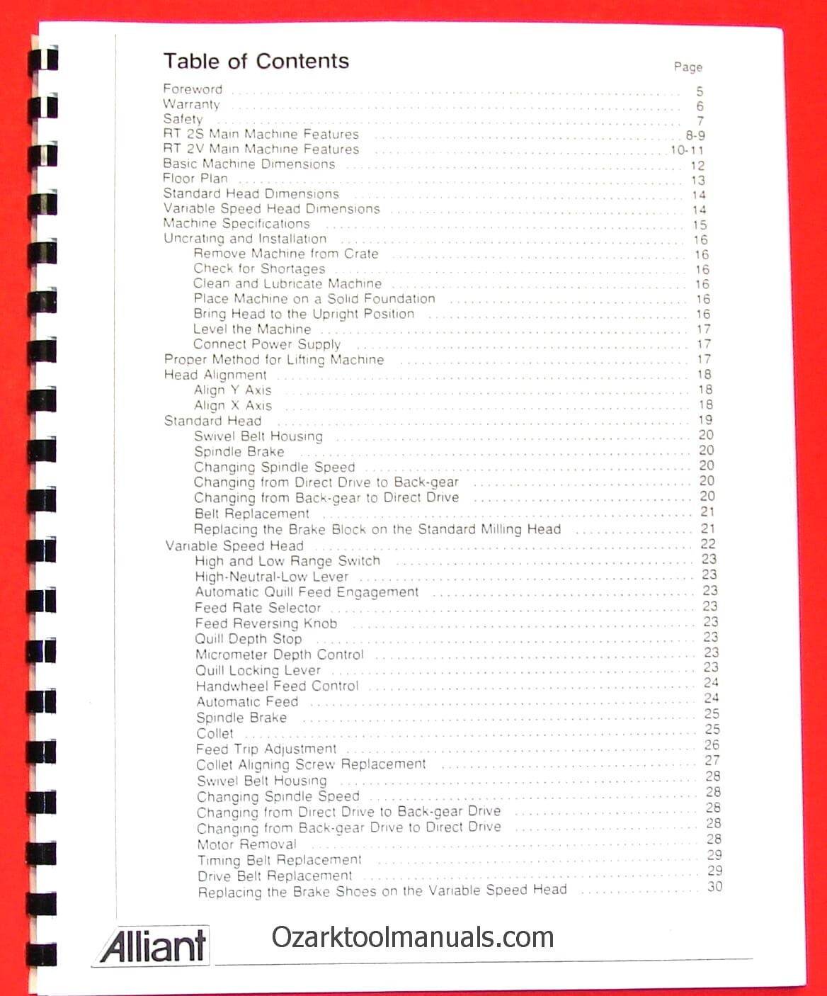 ALLIANT Vertical Milling Machine RT-2S, RT-2TV Owner Operator Parts Manual 0006