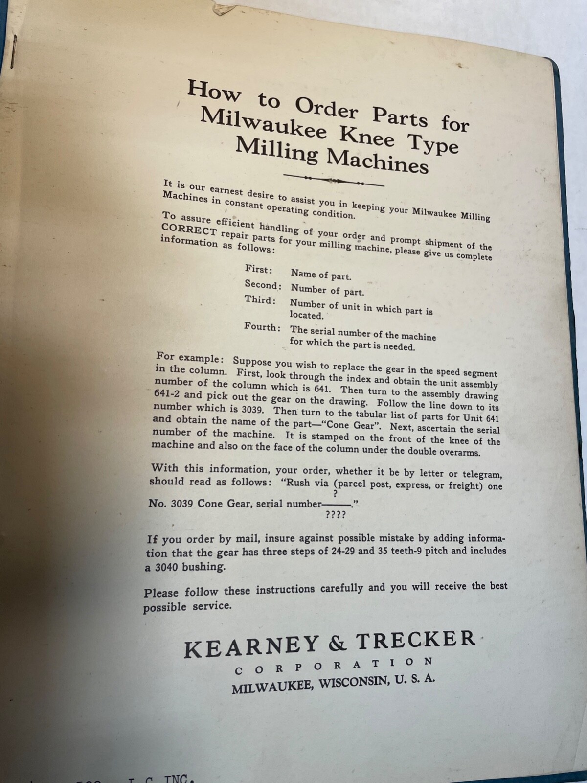 Kearney & Trecker Milwaukee Models 1 & 2 Standard & Heavy Parts Manual No.43
