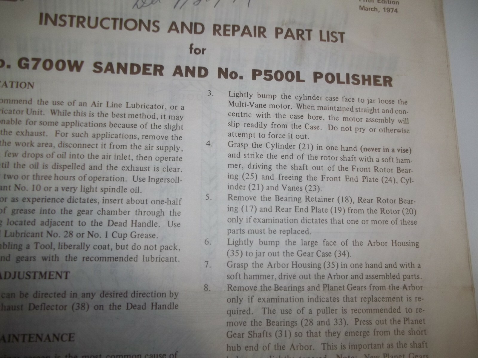 Ingersoll-Rand Sander G700W Polisher P500L Parts Manual Bulletin