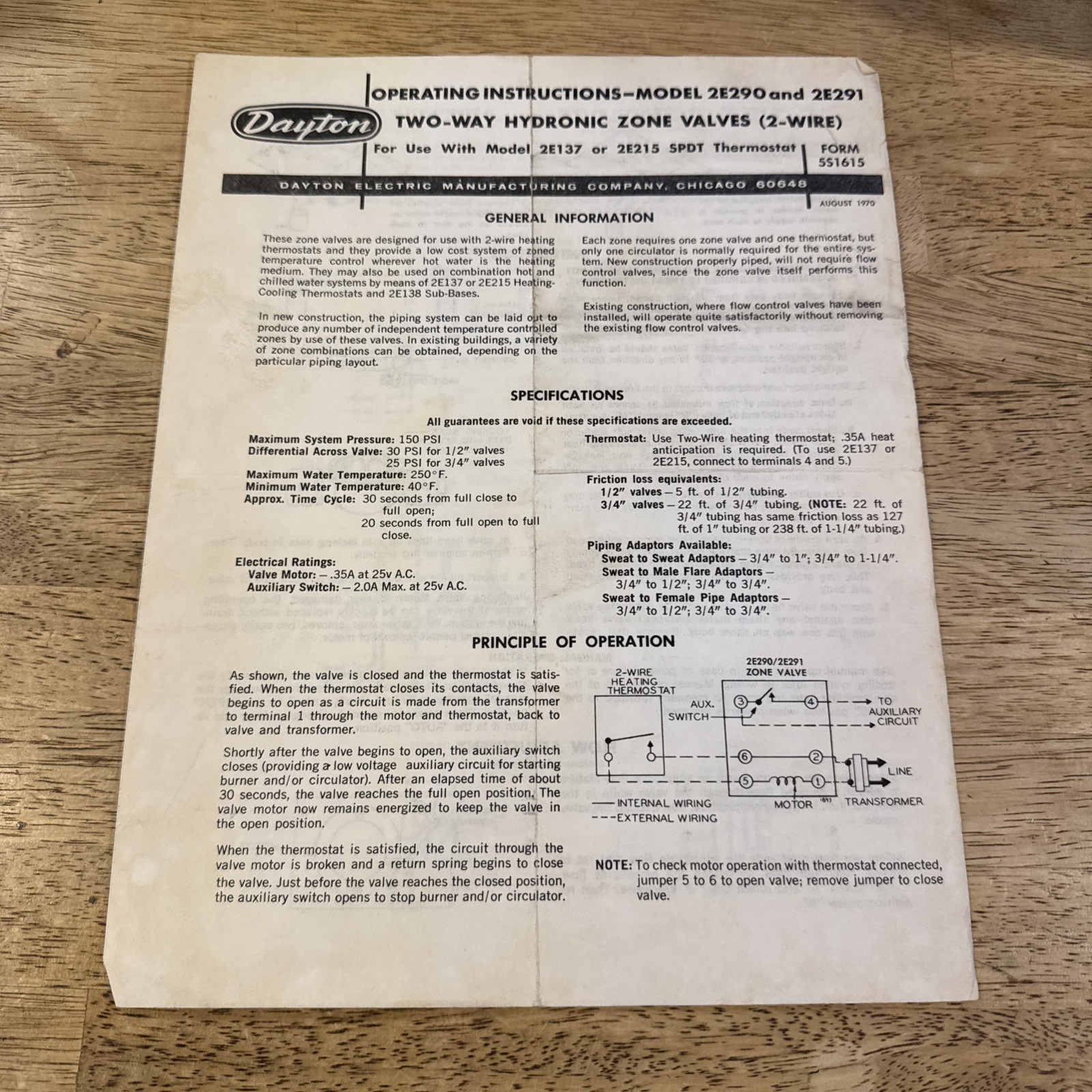 Dayton Two Way Hydronic Zone Values Model 2E290 & 2E291 Operating Instructions