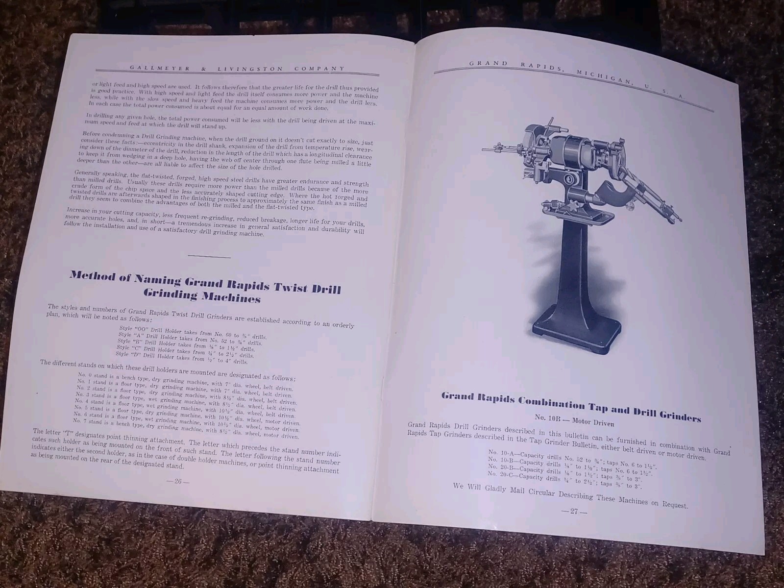 GALLMEYER & LIVINGSTON GRAND RAPIDS Michigan Tool DRILL GRINDERS Catalog Book !!