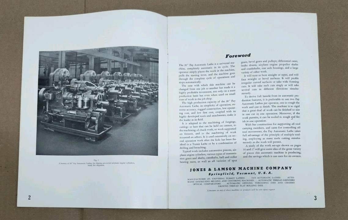 Jones & Lamson Machine Co 20″ Automatic Lathe “Flay” Brochure Metal Working Vtg