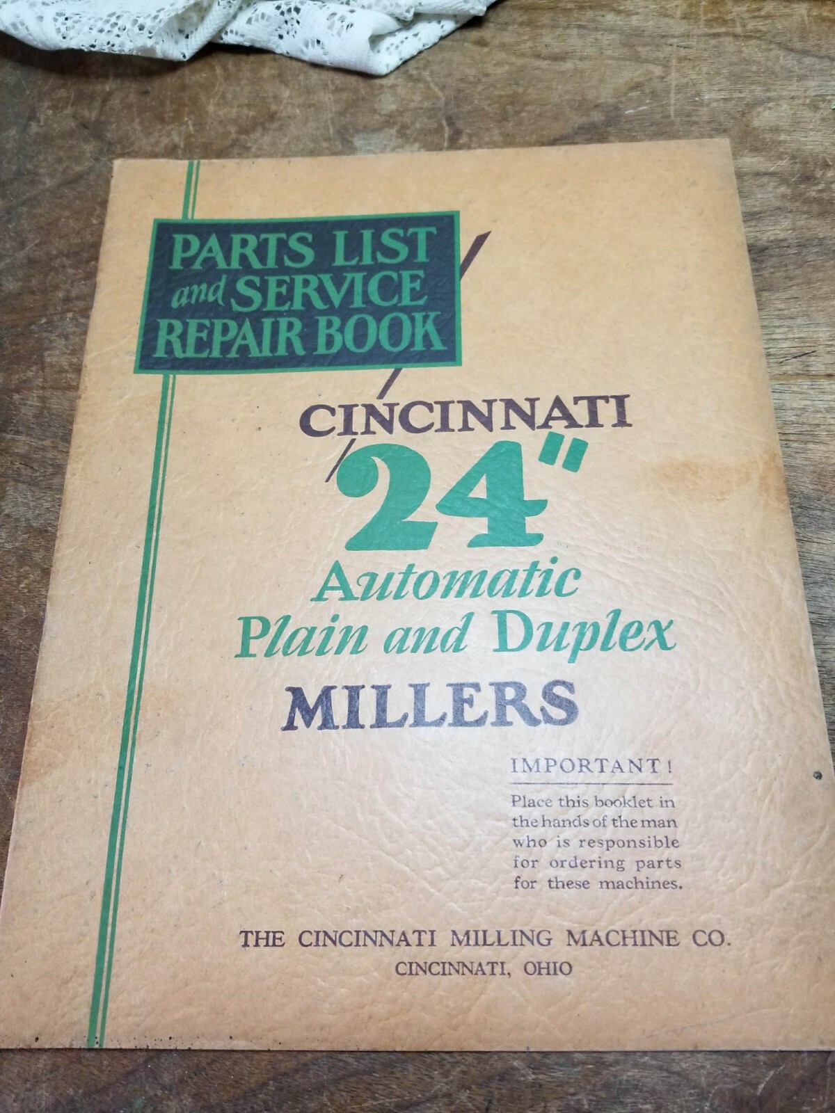 Cincinnati 24″ Automatic Plain & Duplex Millers Parts List & Repair Book 1928