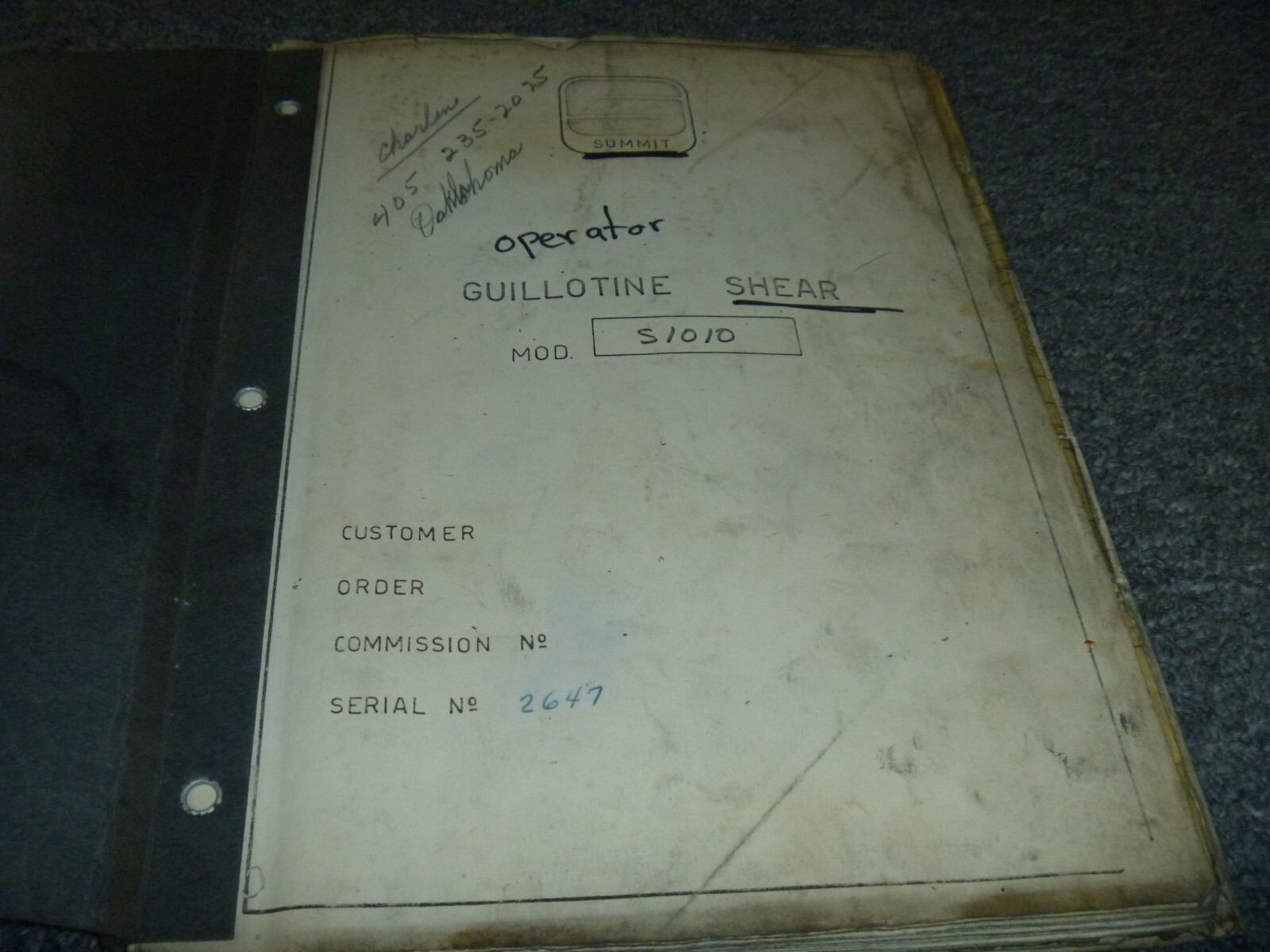Summit Model S1010 Guillotine Shear Owner Operator Instruction Manual xz