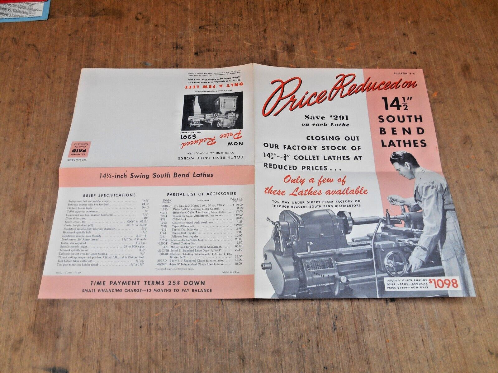 VTG. SOUTH BEND LATHE MAILERS & FLYERS , 1947 , 1958 , 1961 , LOT OF 4