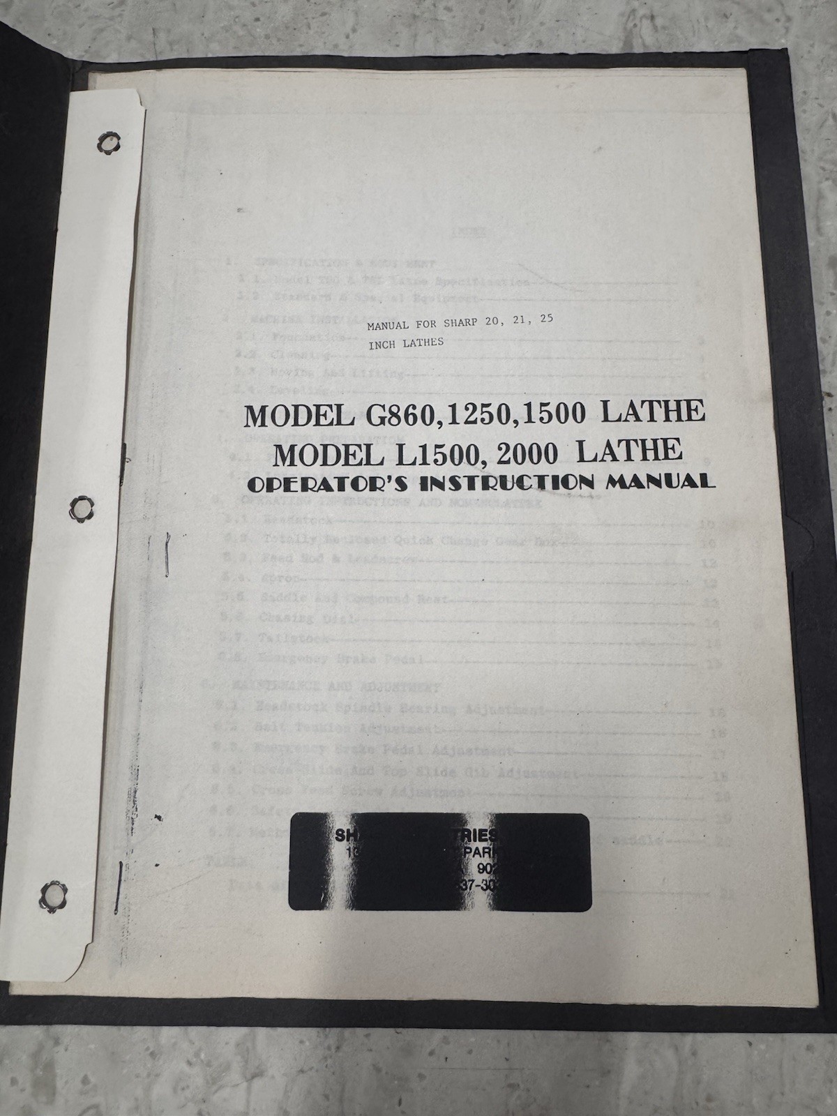 SHARP Model’s 6860, 1250, 1500, L1500, And 2000 Lathes Operator’s Manual