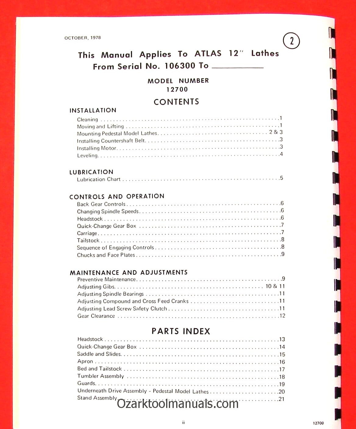ATLAS CLAUSING 12700 12″ Pedestal Metal Lathe Instructions & Parts Manual 0953