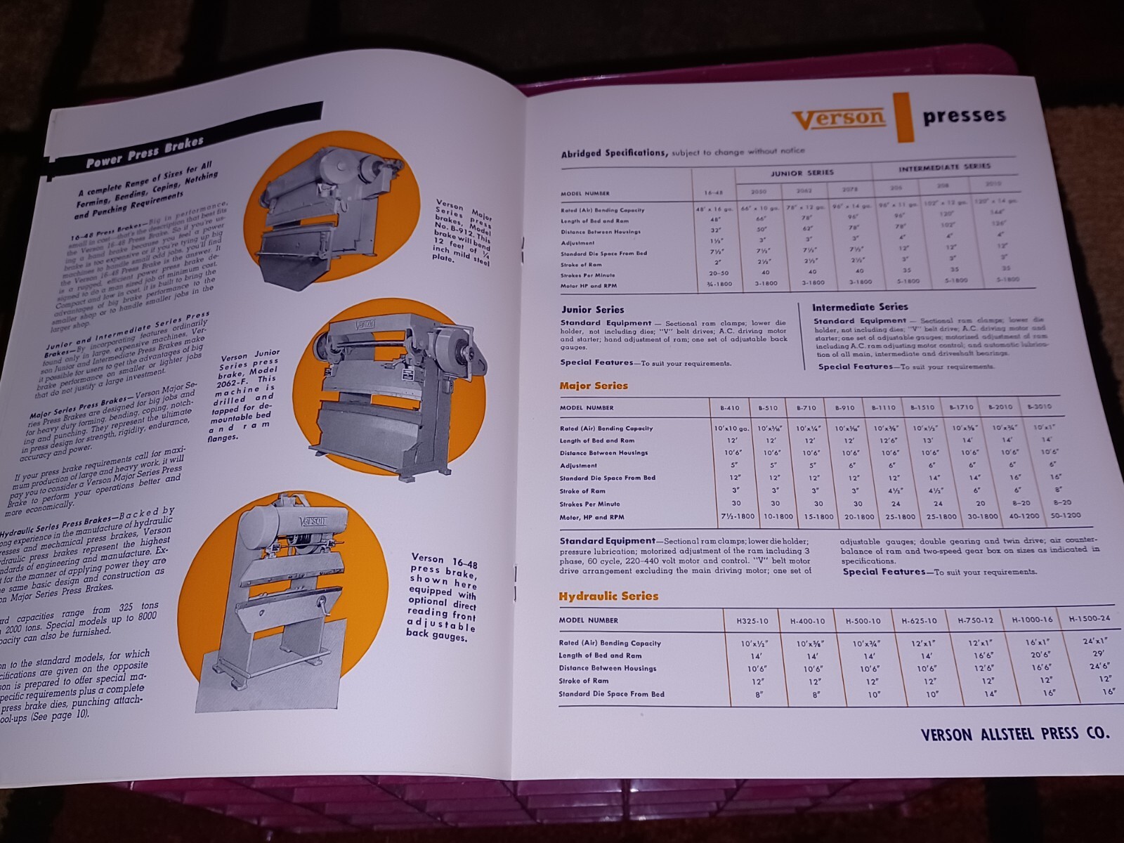 Verson allsteel Press Company PRESSES CATALOG G-53 sales Book Brakes Dies More