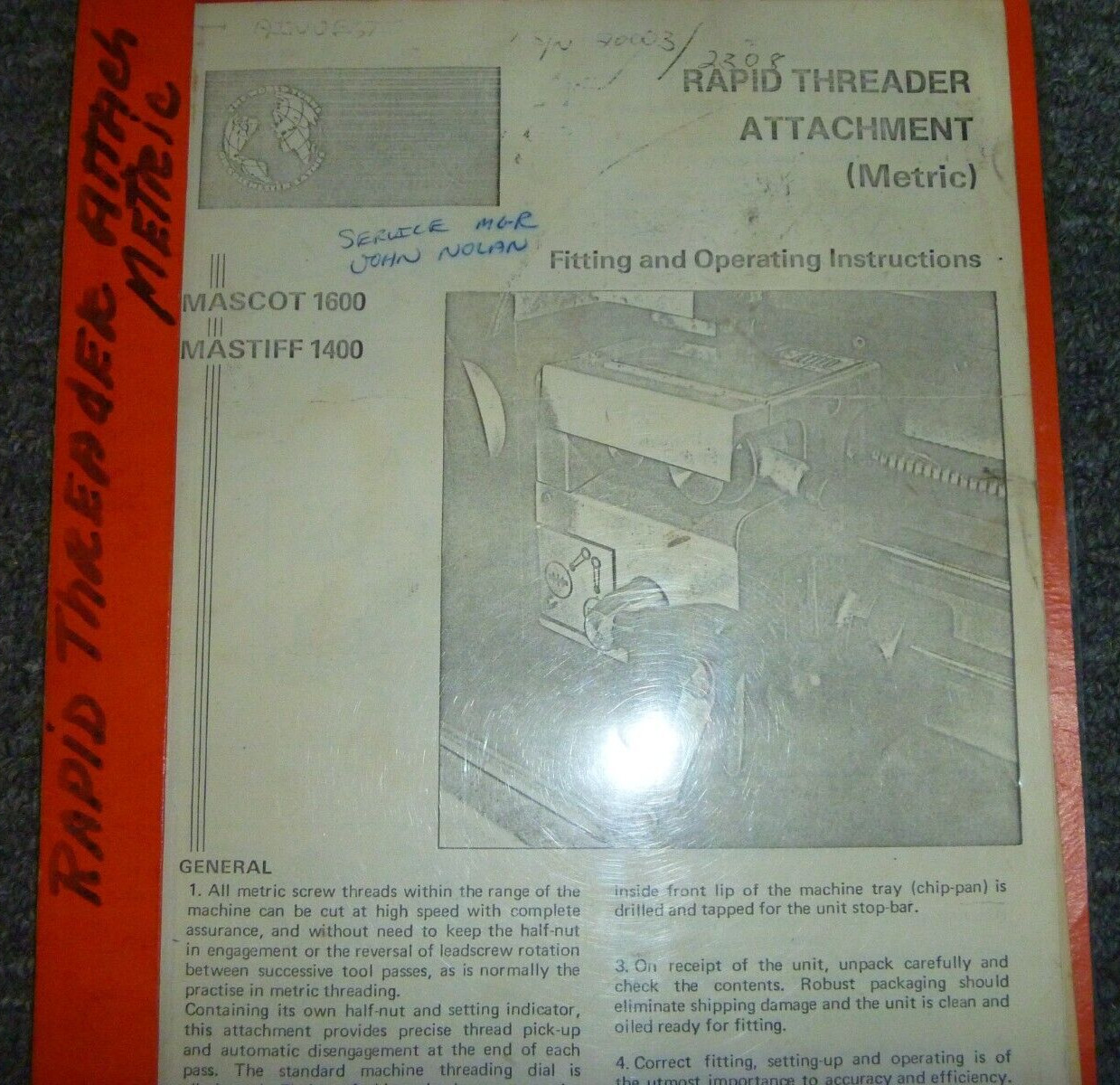 Colchester Mastiff 1400 Lathe Rapid Threader Attachment Owner Operator Manual