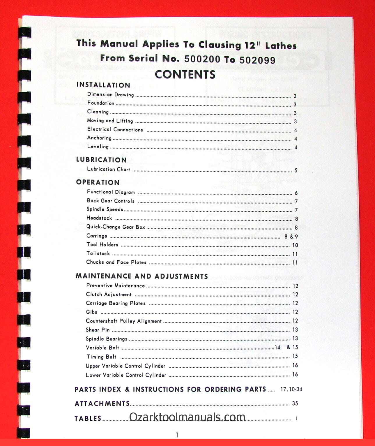 CLAUSING 12″ 5900 Series Variable SPD Lathe Operator & Part Manual =502099 1065