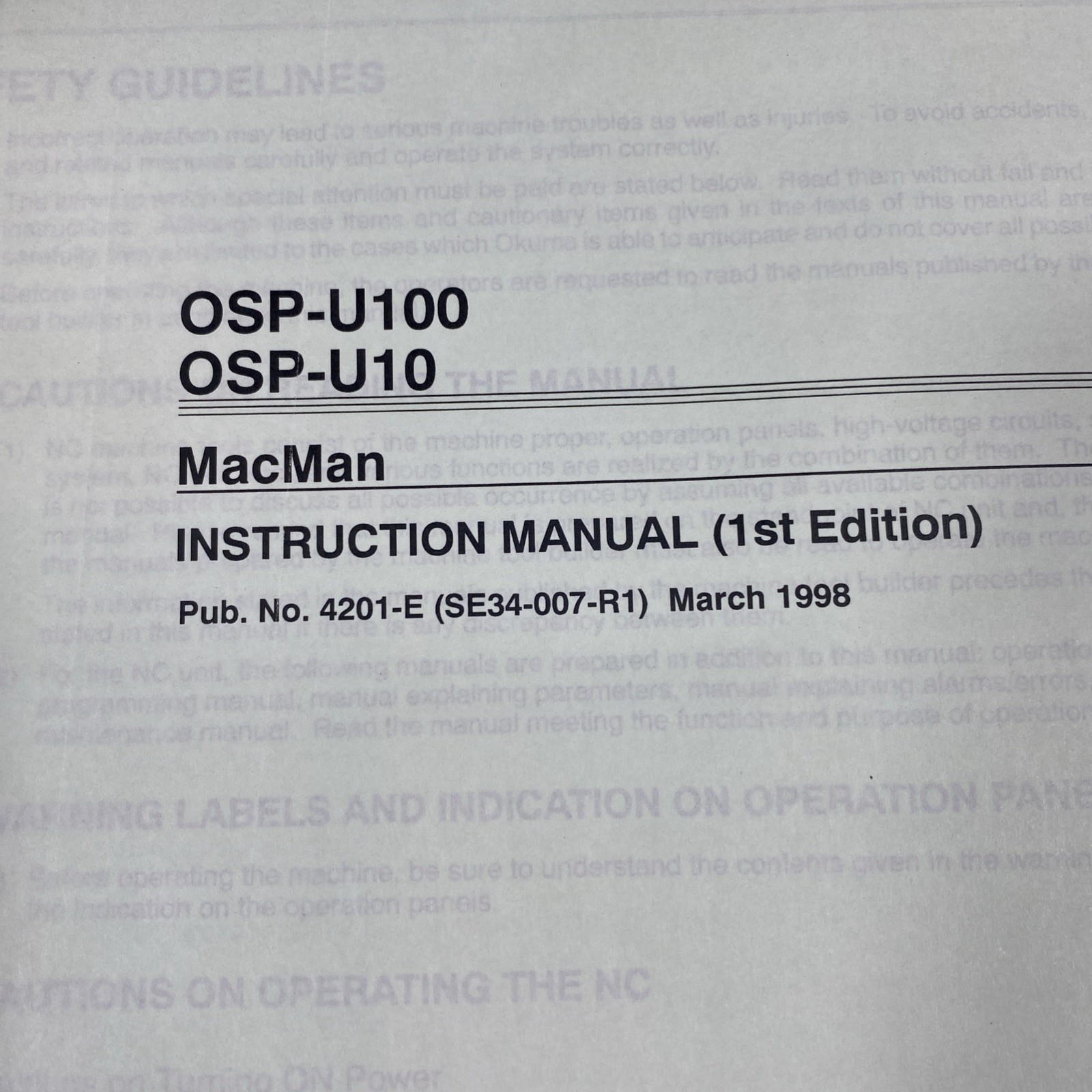 Okuma CNC Systems OSP-U100 OSP-U10 Mac Man Manual 1st Edition Pub No 4201-E 1998