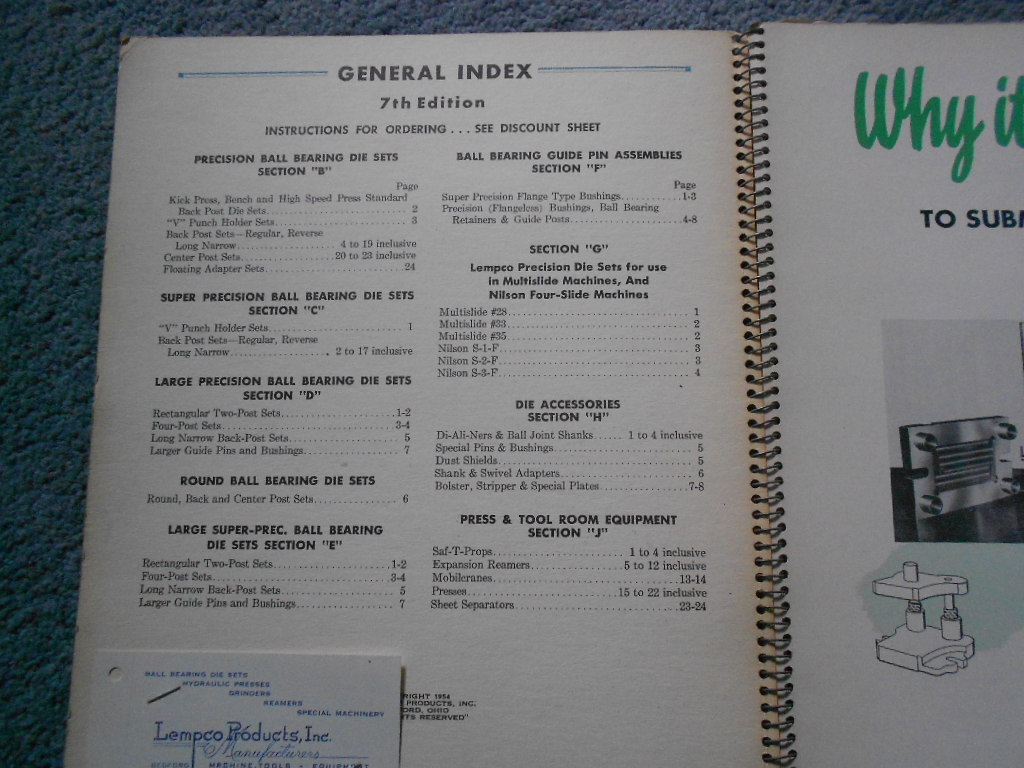 1954 LEMPCO BALL BEARING DIE SETS CATALOG & 1957 Price List Info Specs Original