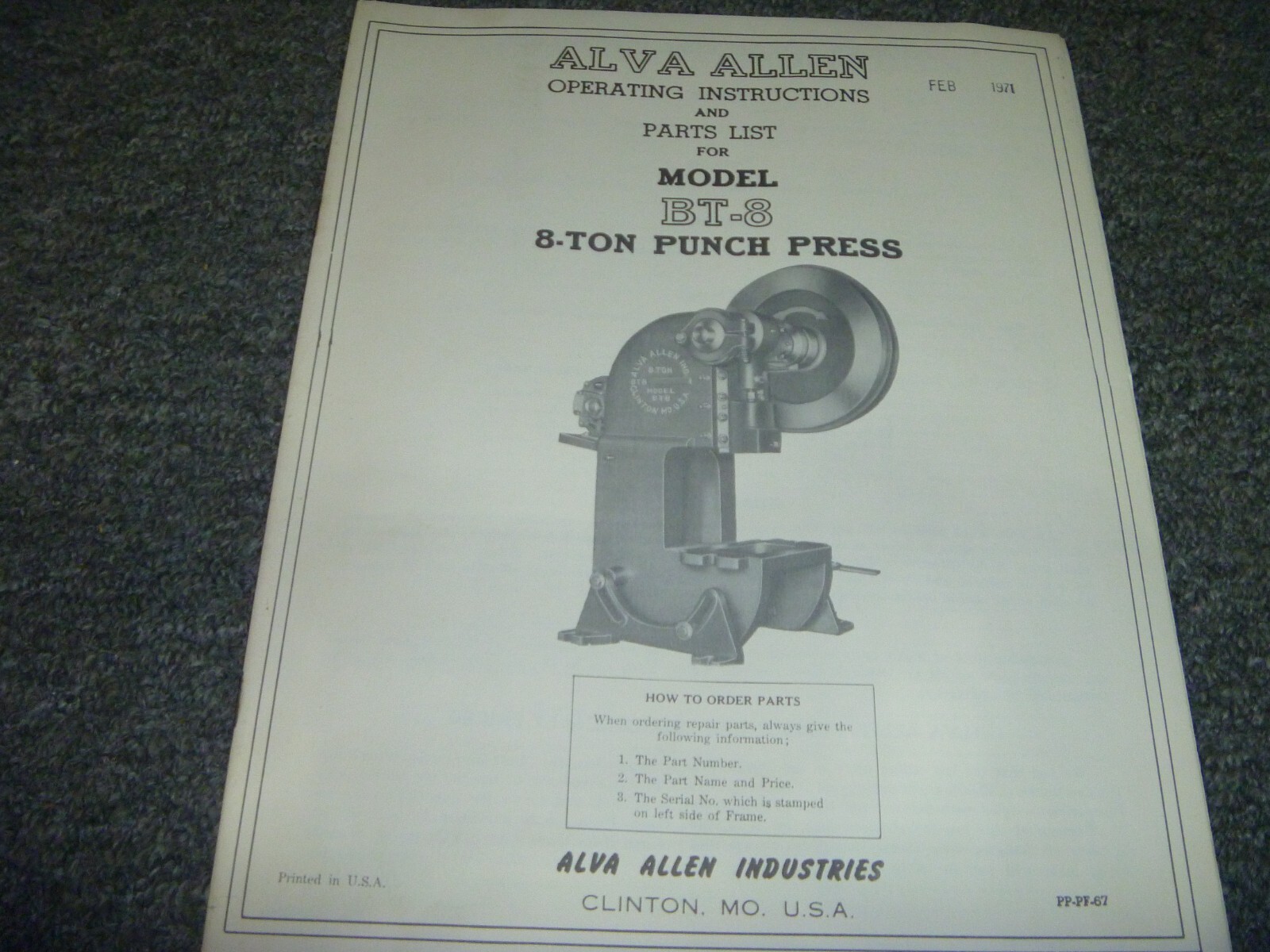 Alva Allen BT8 8-Ton Punch Press Parts Catalog & Operator Instruction Manual