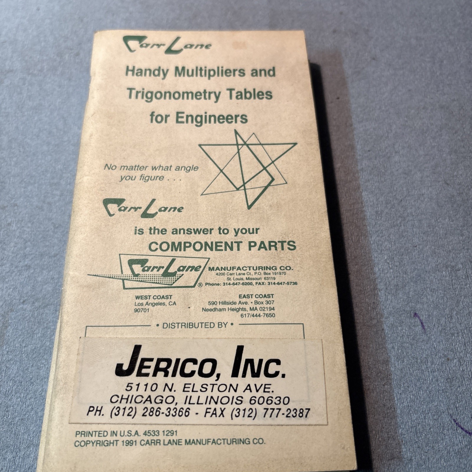 Vintage Carr Lane Handy Multipliers And Trigonometry Tables For Engineers
