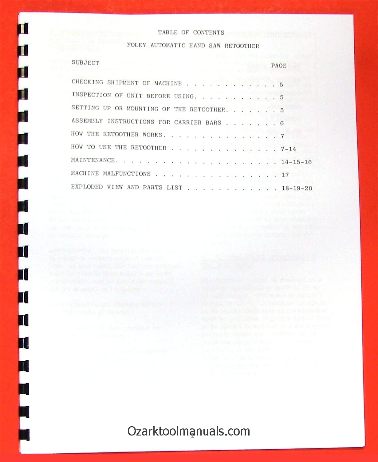 FOLEY 385 Automatic Hand Saw Retoother Operator’s & Parts Manual 0935