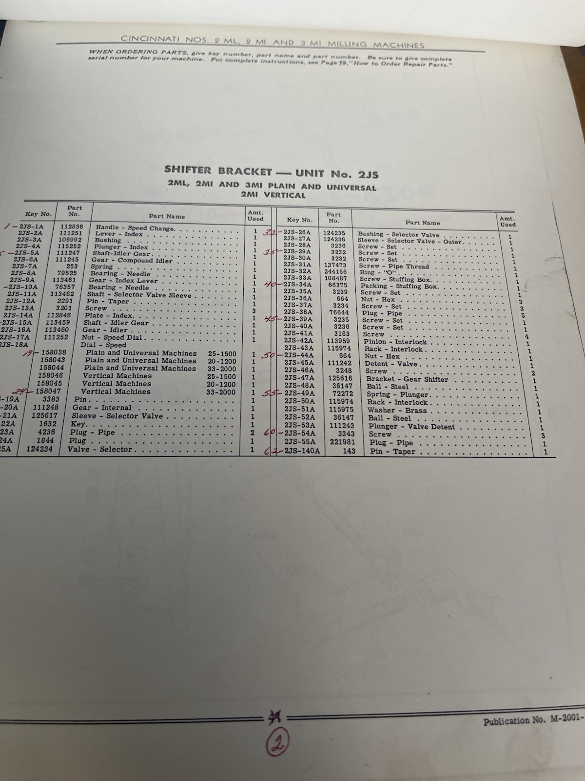 Cincinnati Milling Machine Parts Catalog for No. 2ML, 2 MI and 3 MI