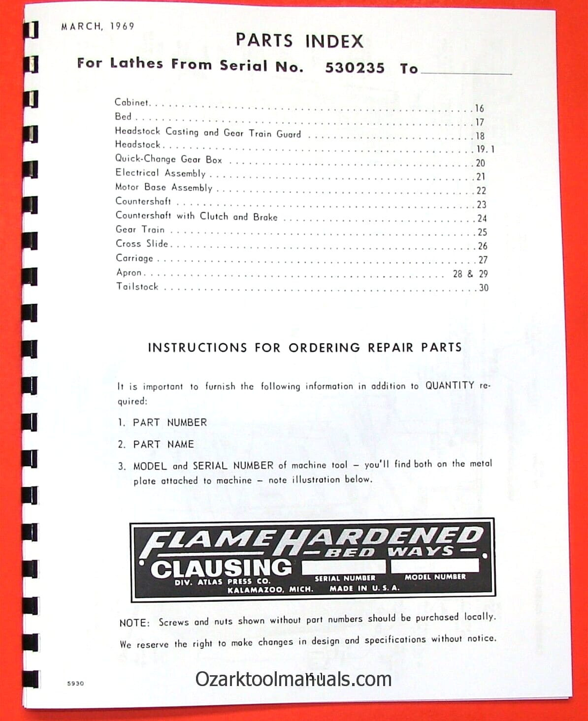 CLAUSING 12″ 5900 Series Step-Pulley Metal Lathe Instruction & Part Manual 0138