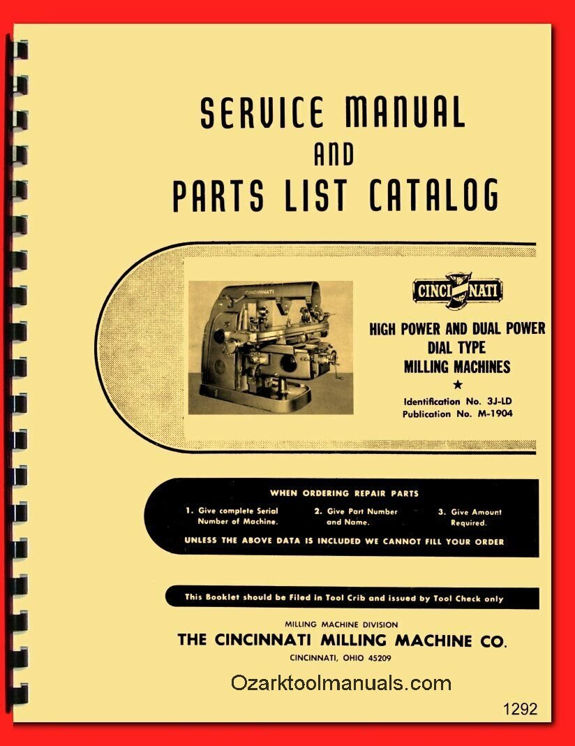 Cincinnati High Power Dual Dial Horizontal Vertical Milling Machine Manual 1292
