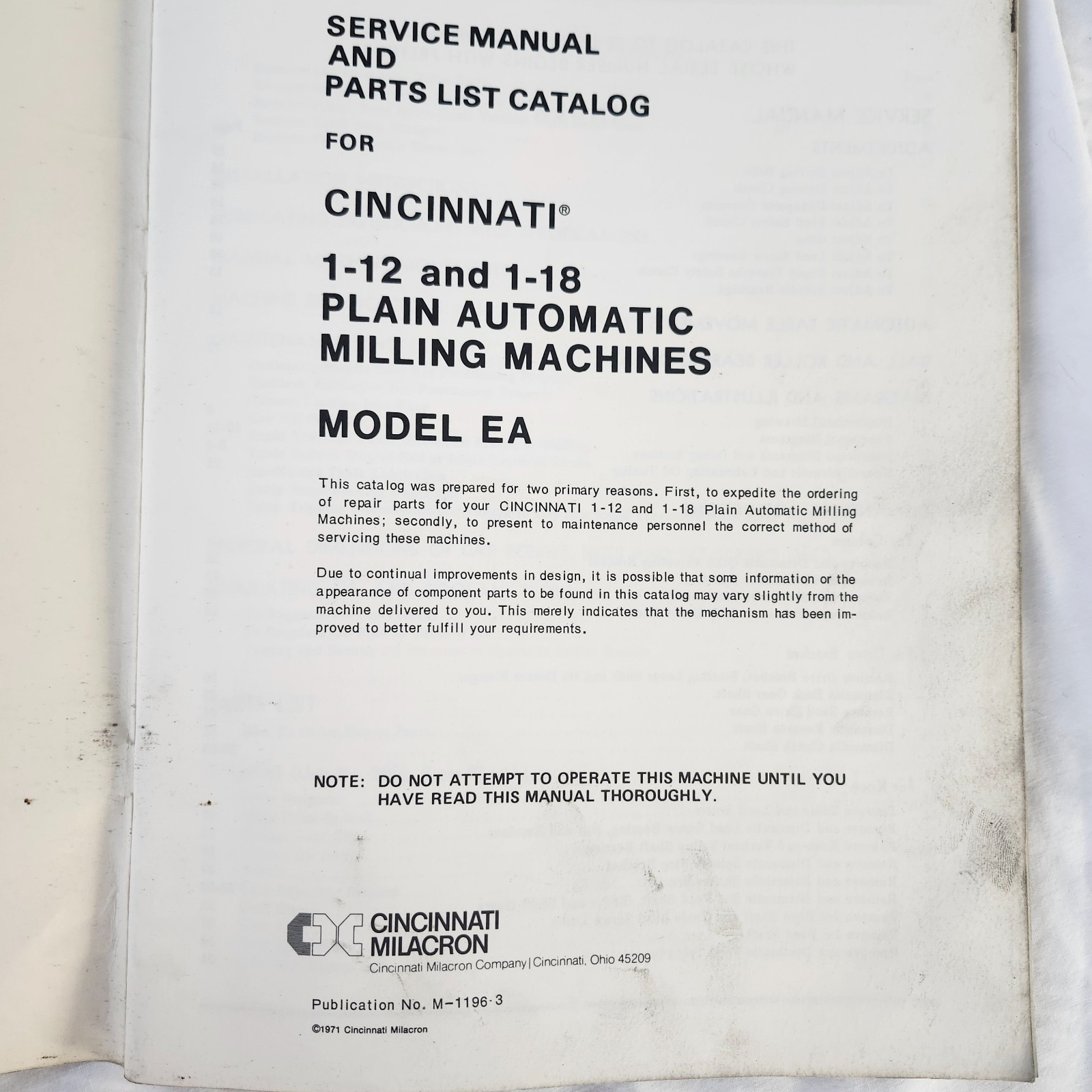 Cincinnati Milacron Milling Machines Service Manual Parts Catalog 1-12, 1-18