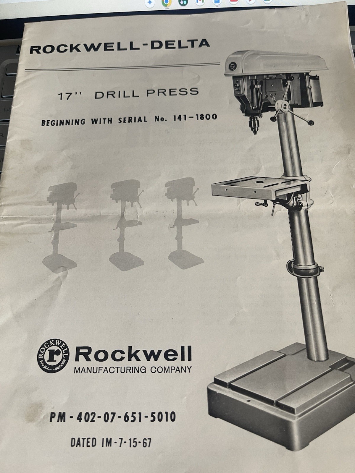 Rockwell Delta 17″ Drill Press Manual Serial No. 141-1800 and up