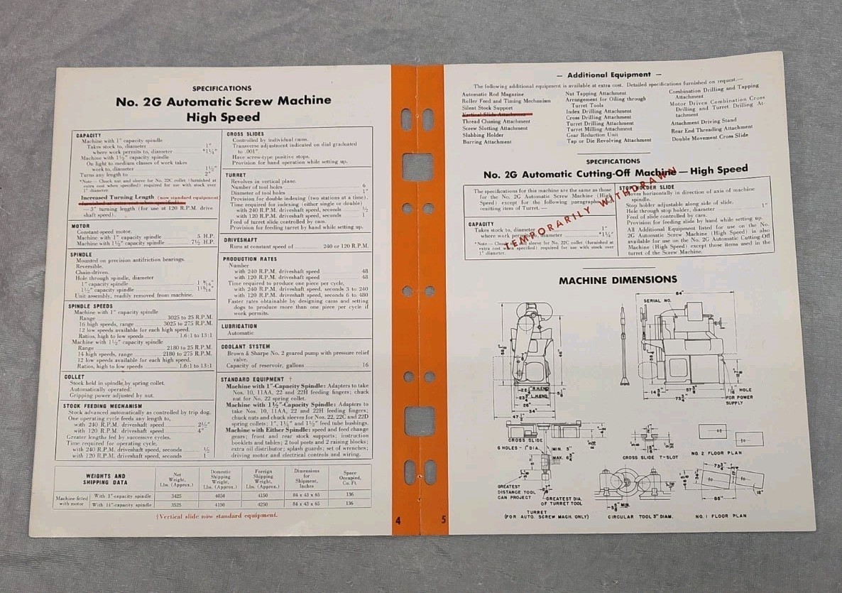 Brown & Sharpe No. 2G Automatic Screw Machine Cut Off Brochure Catalog RI Vtg