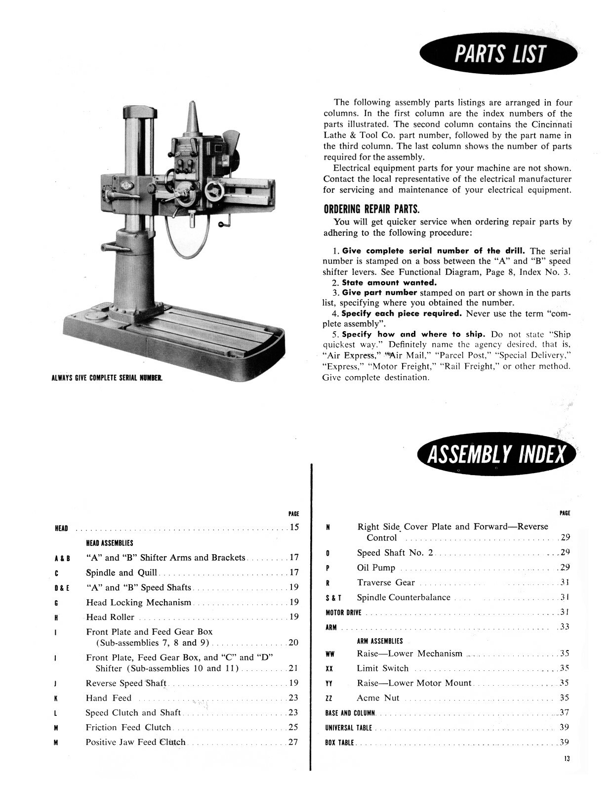 Cincinnati 3′ Arm 7″ Column Radial Drilling Machine Service & Parts Manual #1775