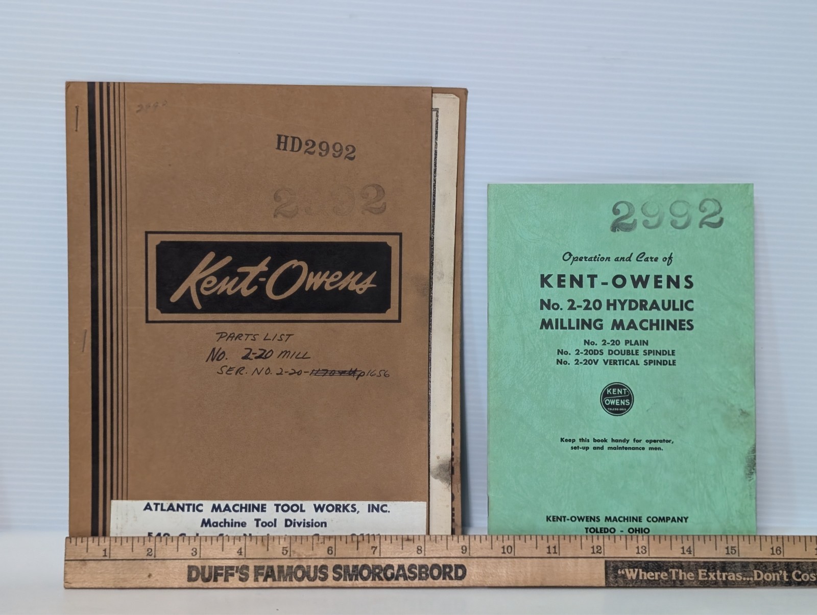 Kent-Owens No. 2-20 Hydraulic Milling Machine Manuals Set, Free USA Ship
