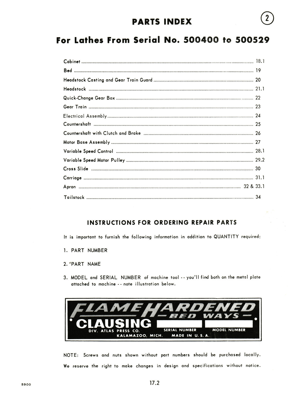 Clausing 12″ 5900 Series Lathe SN’s 500400 to 500529 Instruct & Parts List #1369