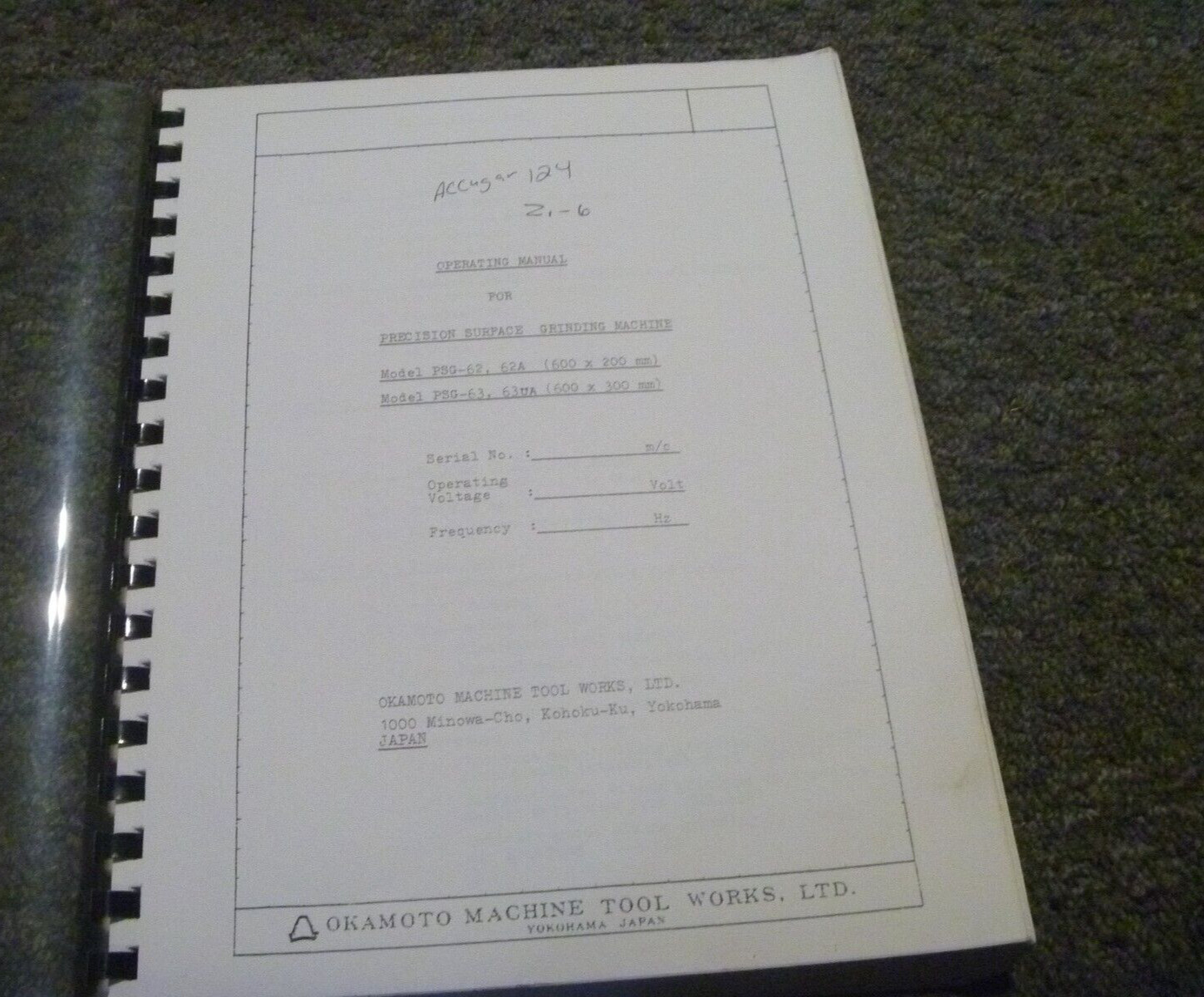Okamoto PSG-63 Accugar 124 Surface Grinding Machine Owner Operator Manual xz