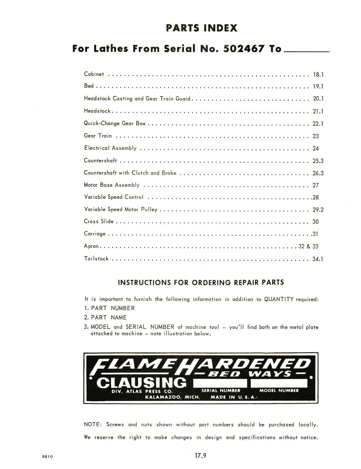 Clausing 12″ Lathe 5900 Series sn: 502467 up Instruct & Parts List Manual #1371