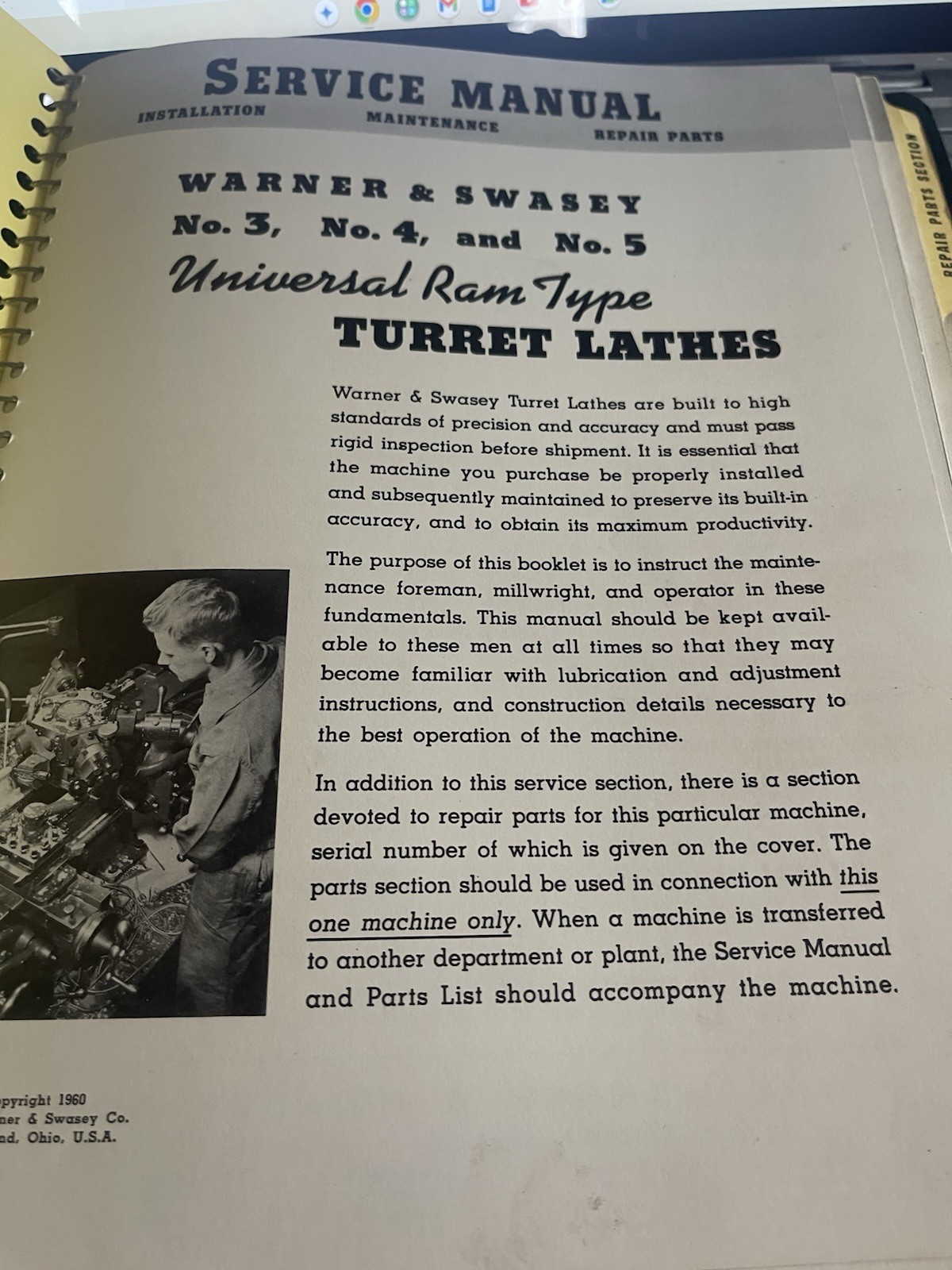 Warner Swasey Service Manual No.4 Universal Ram Type Turret Lathe Model M-1420