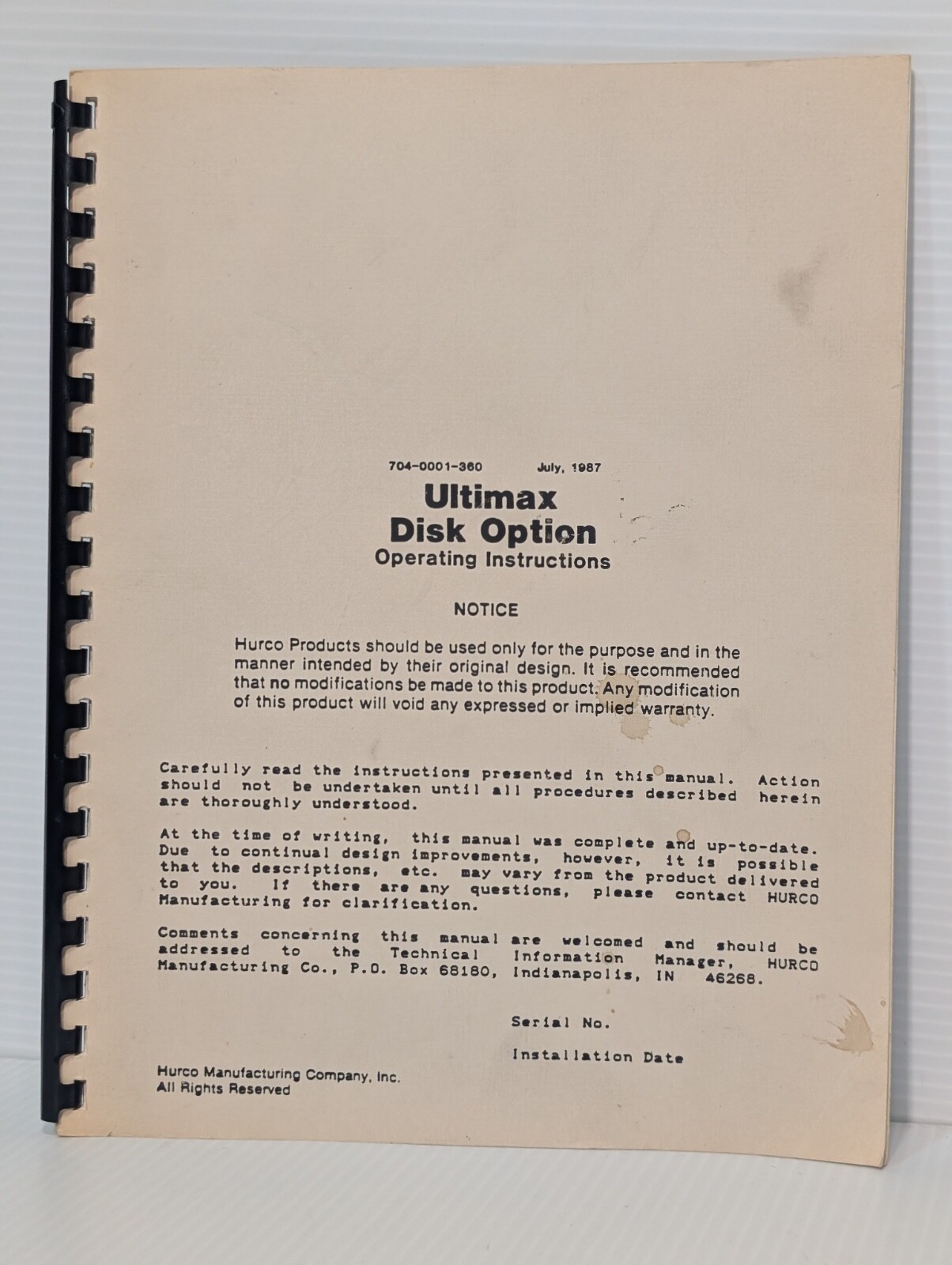 Hurco 704-0001-360 Ultimax Disk Option Operating Instructions Manual