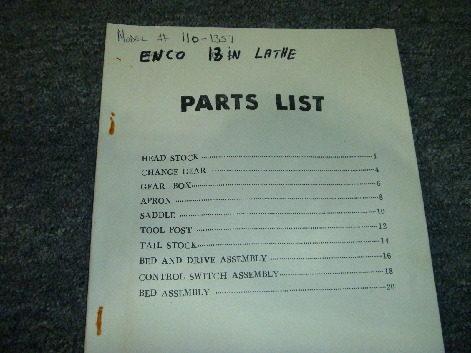 ENCO Model 110-1351 Lathe 13″ Parts Catalog Manual List