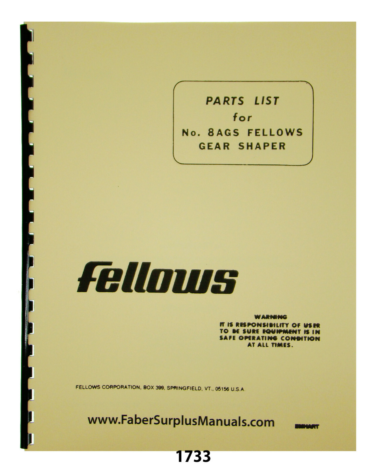 Fellows #8AGS Gear Shaper Parts List Manual #1733