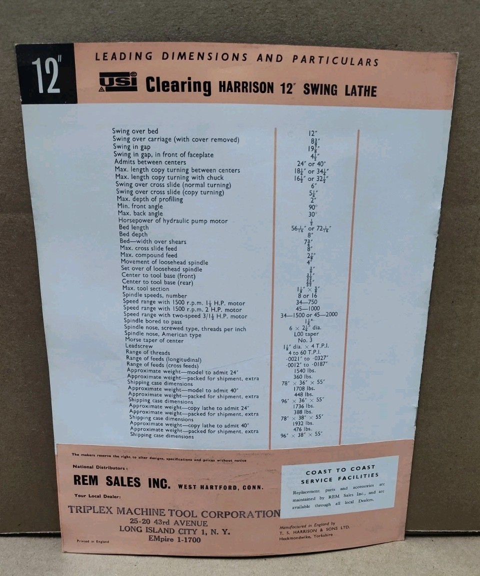 Clearing-Harrison 12″ Swing Lathe Sale Brochure Advertising Bulletin Copying Vtg
