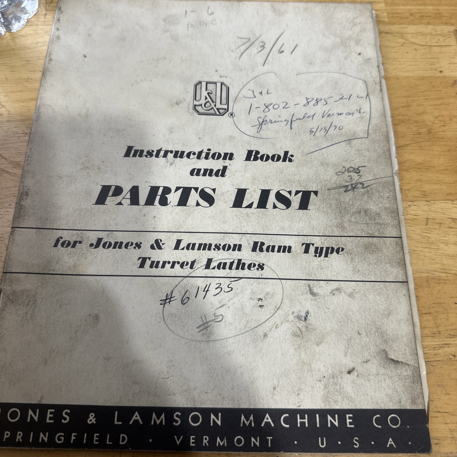 Jones&lamson Machine Co. Instruction Book And Parts List
