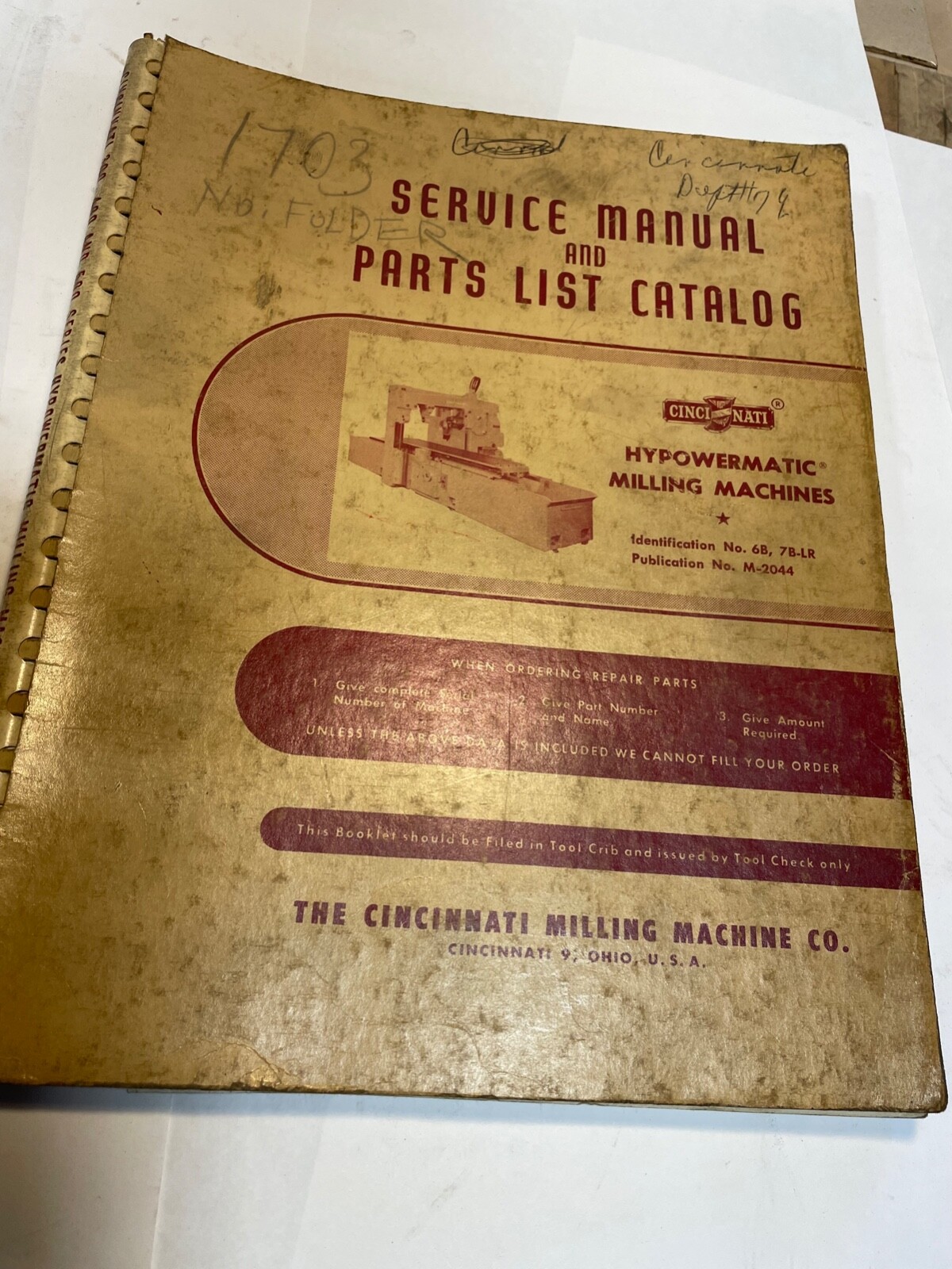 Cincinnati Hydromatic Milling Machine Service Manual & Parts List