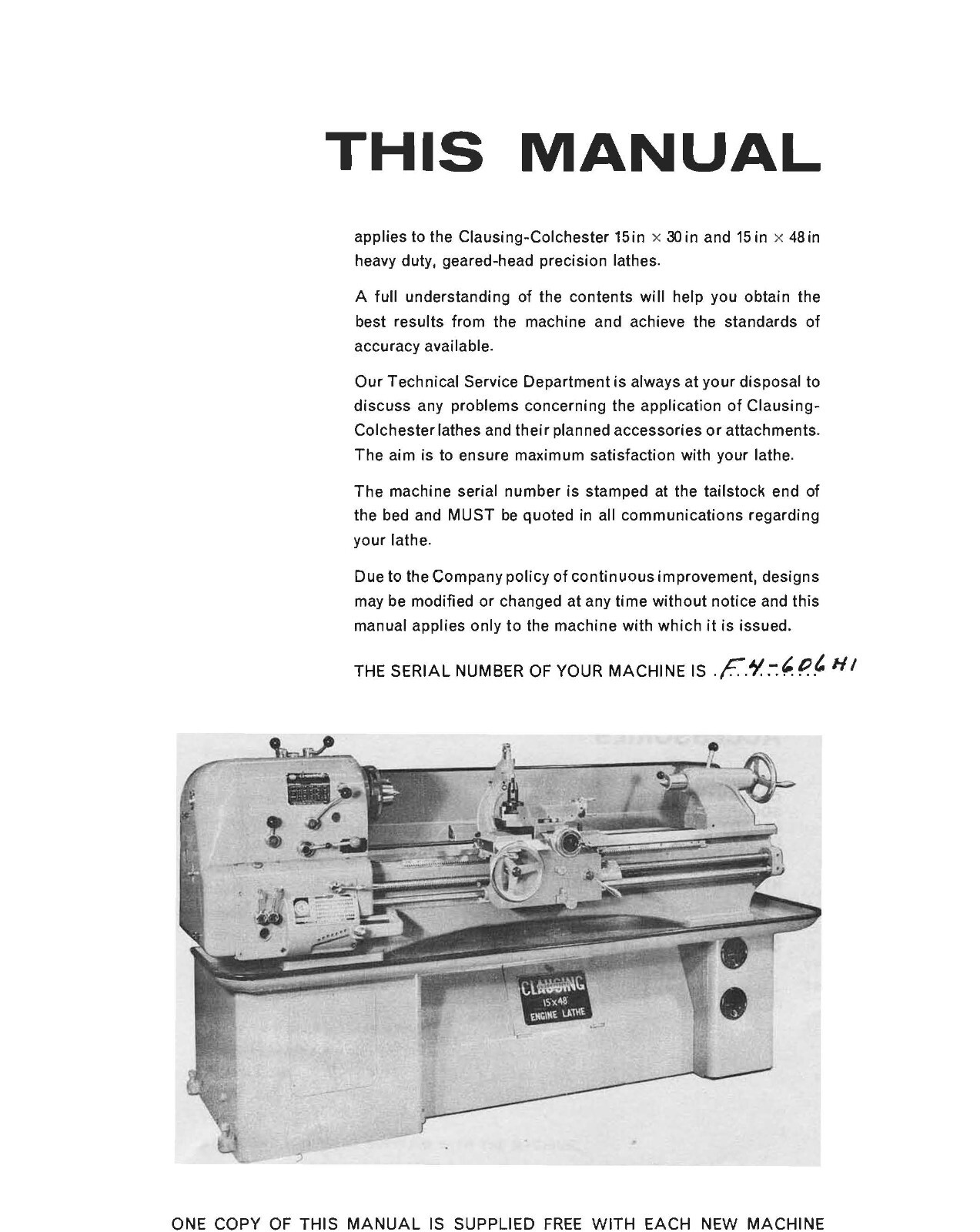 LATHE INSTRUCTION & PARTS MANUAL FITS Clausing-Colchester 15 X 30 & 15 X 48